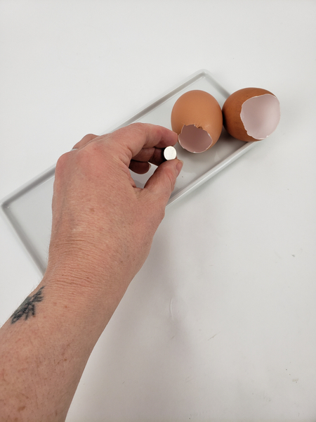 Place a tiny corsage magnet inside an egg shell