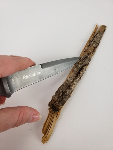 Strip bark from wood with a sharp knife Strip bark from wood with a sharp knife