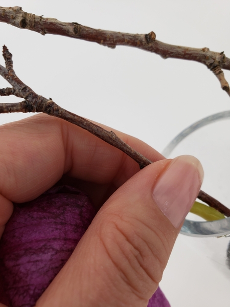 Gently push the twig from the glass and slip the orchid stem between the twig and the glass