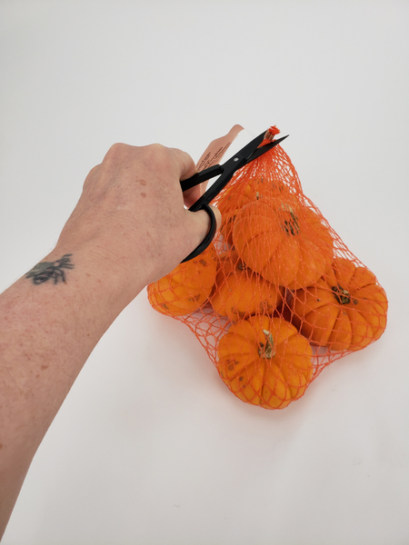 Cut the net bag open on one end and remove the pumpkins