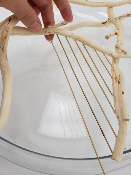 Glue the reeds to fill the gaps between the willow twigs extending out Glue the reeds to fill the gaps between the willow twigs extending out